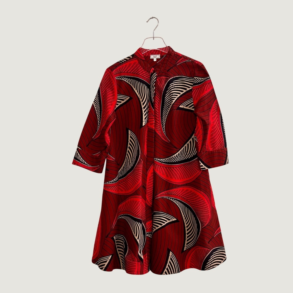 Never Worn Zuri Kenya Just One Shift Dress Red Black Graphic Leaf Print Cotton M